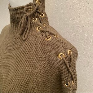 J Crew Olive Green Cotton Blend Sweater with Mock Neck Lace up Shoulder Grommet